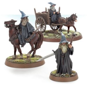 Gandalf the Grey a pie y montado en carro