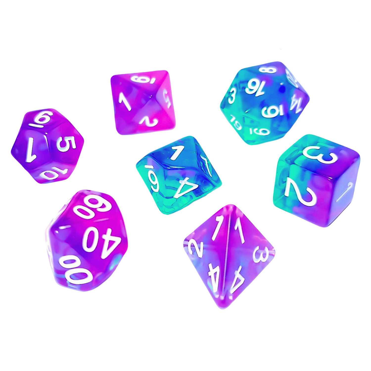 7x Dados Mix 16mm - Turquesa/Lila Transparente