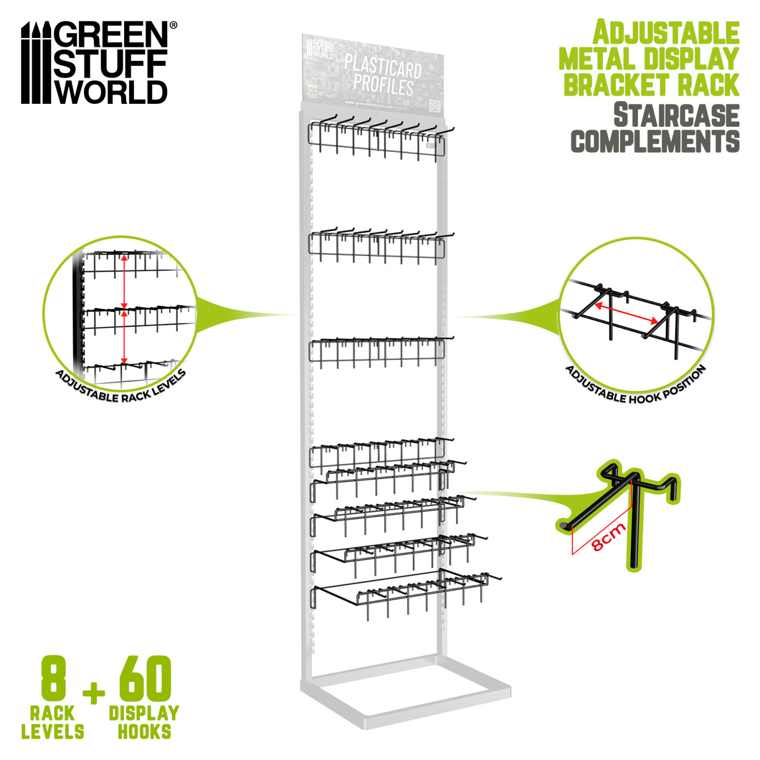 Accesorios Expositor Escalera - 8 soportes + 60ganchos 8cm