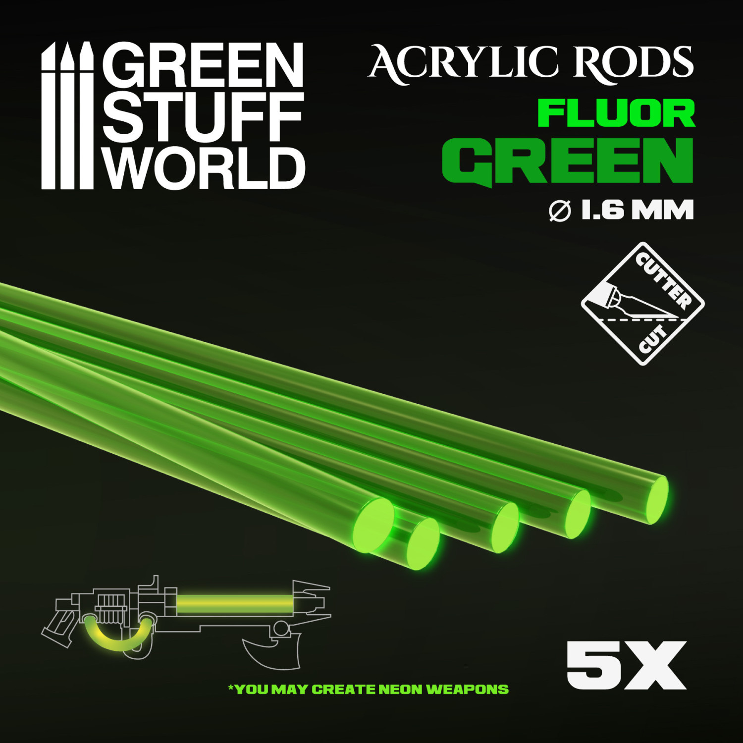 Barras Acrilicas - Redondas 1,6 mm Fluor VERDE