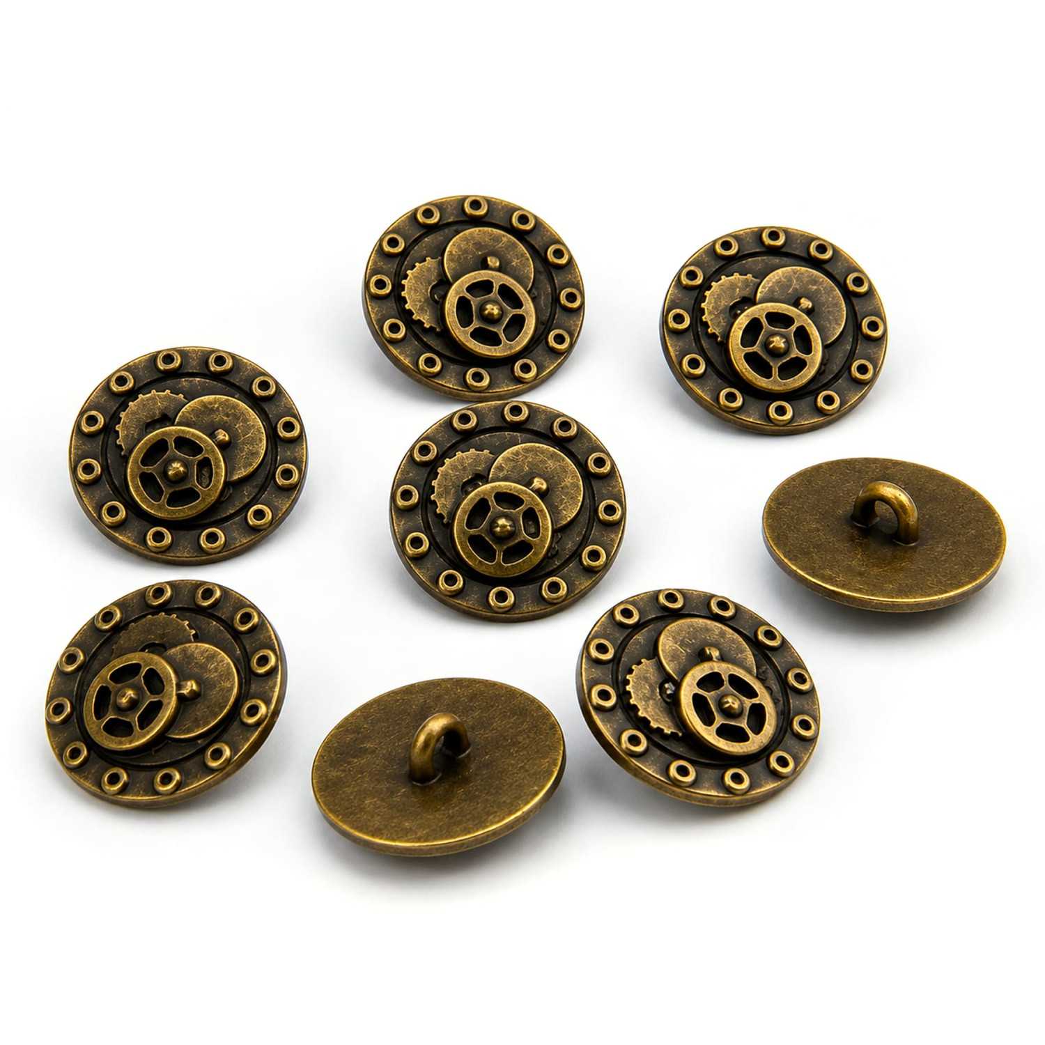 8x Botones RUEDAS y TORNILLOS SteamPunk - Oro Viejo