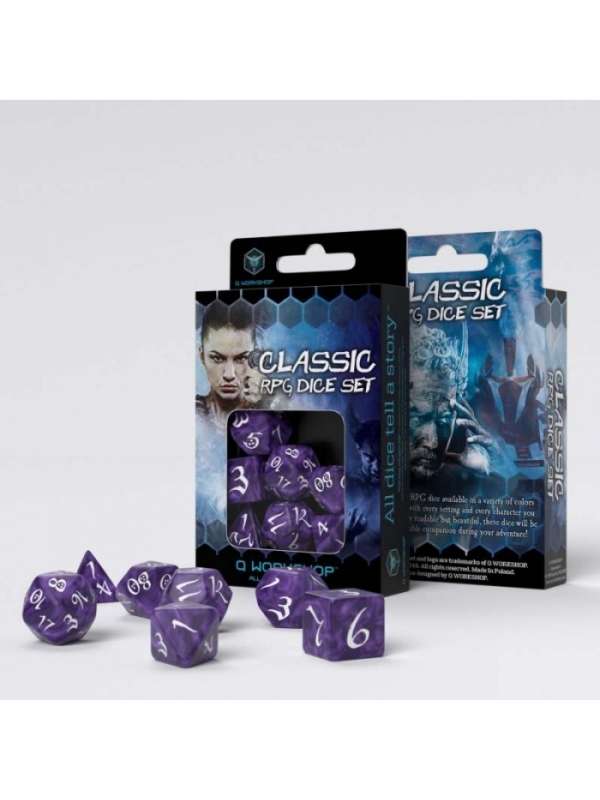 Dados de rol clásicos en morado y blanco (7 unidades) - Q Workshop