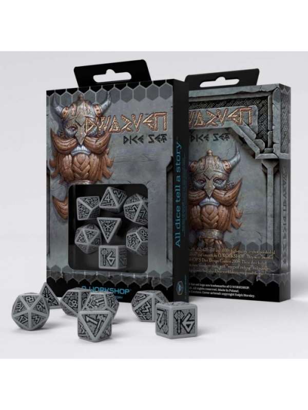 Dados Dwarven en Gris y Negro (7 unidades) - Q Workshop