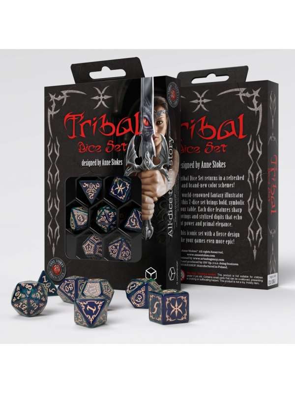Dados en Azul y Beige (7 unidades) Tribal - Q Workshop