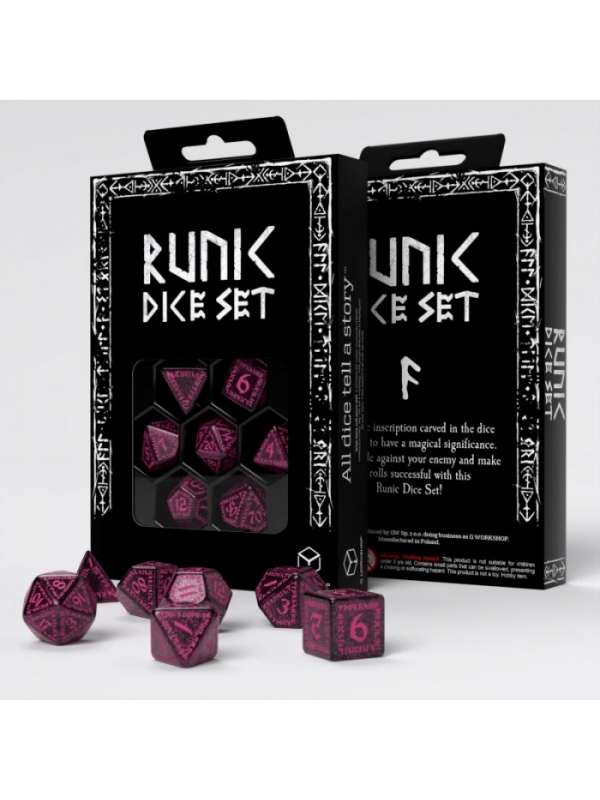 Dados Runic Shimmering Negro y Magenta (7 unidades) - Q Workshop