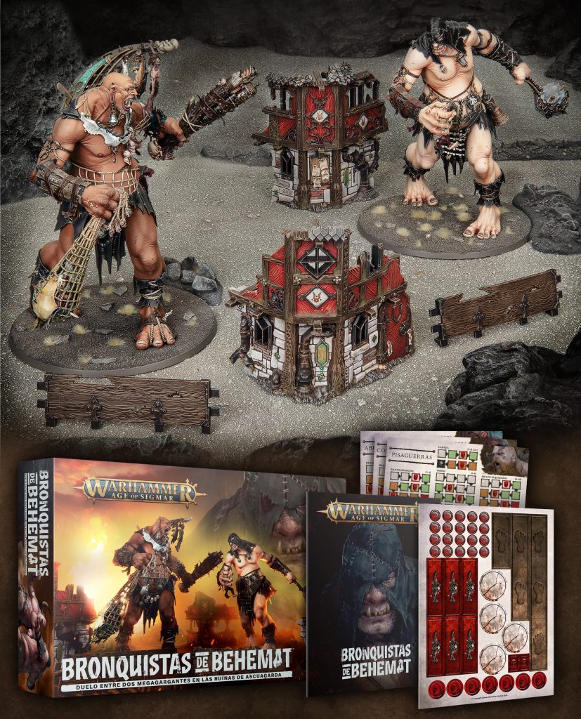 Contenido de la caja Bronquistas de Behemat: dos Mega-Gargantes, ruinas, barricadas, libro y plantillas