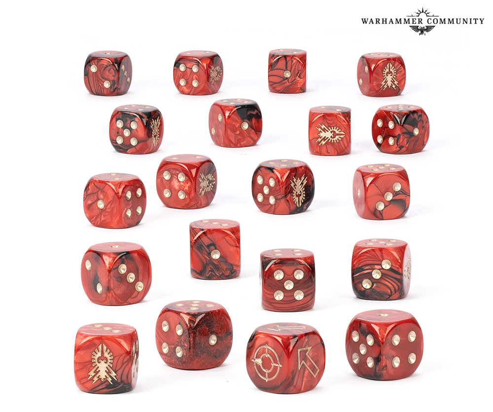 Dados rojos perlados con muescas doradas y el águila de los Custodes en la cara del seis