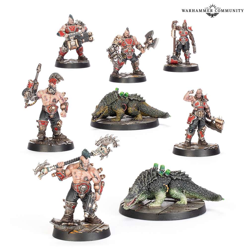 Seis campeones Goliath y dos Sumpkrocs, cocodrilos verdes con bidones atados al lomo